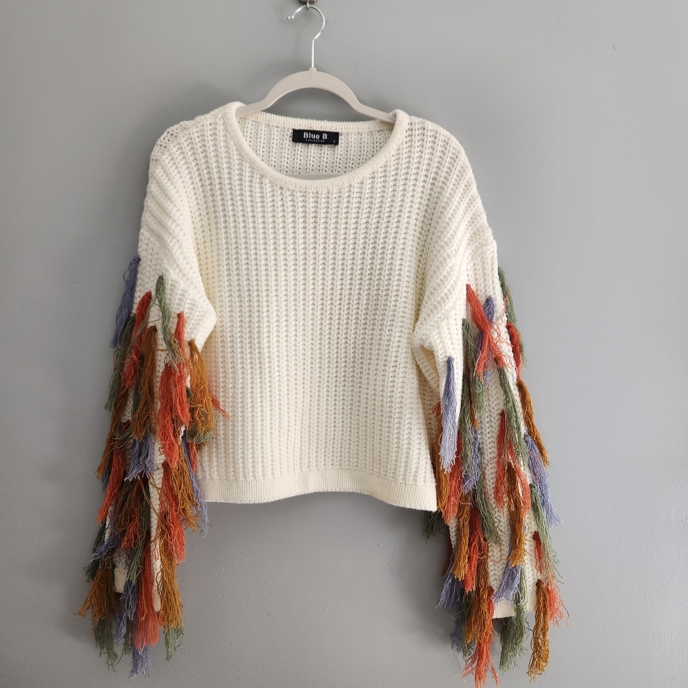 Chunky Knit Cream Boho Western Sweater With Multicolor Tassles on the Sleeves